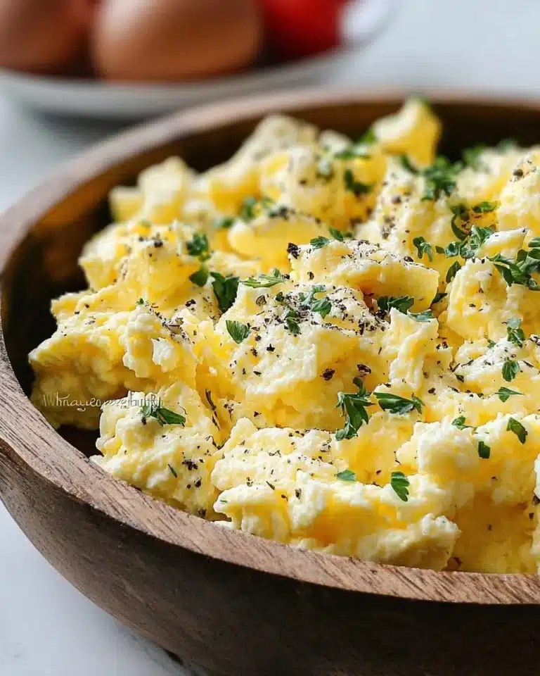 Plate of cottage cheese scrambled eggs with herbs and tomatoes