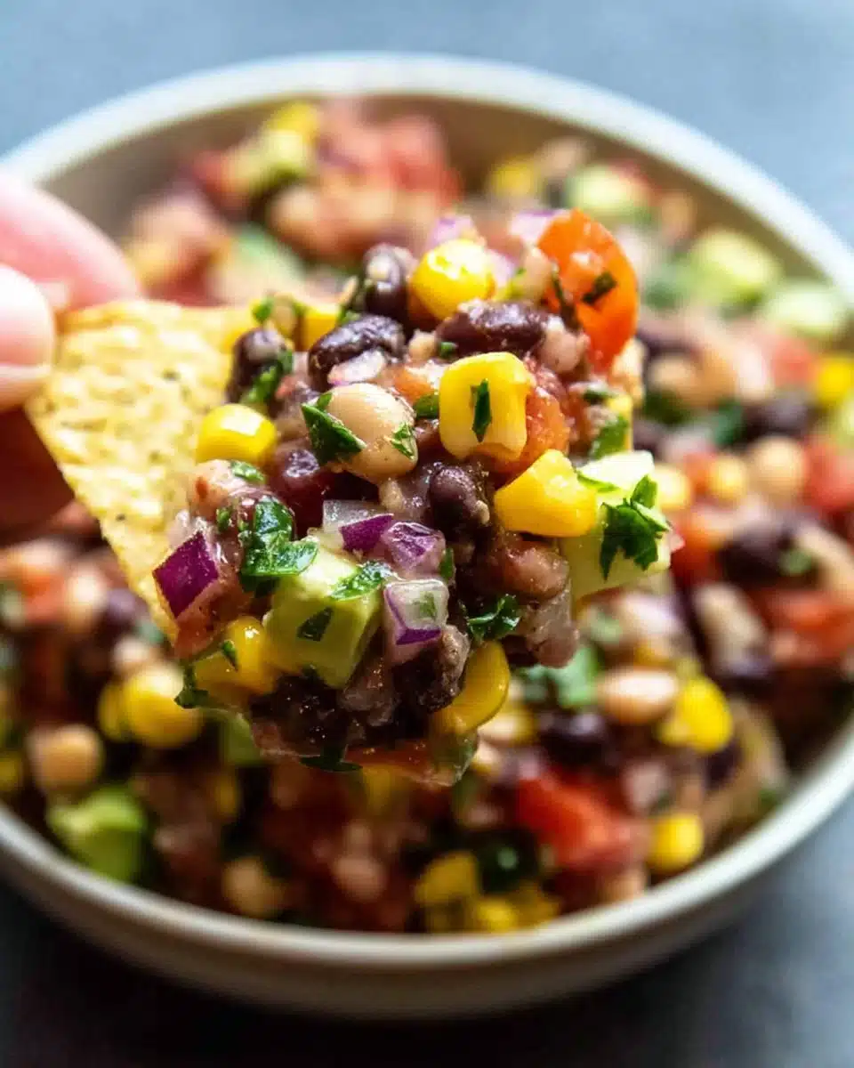 Bowl of colorful Cowboy Caviar with beans, corn, and veggies