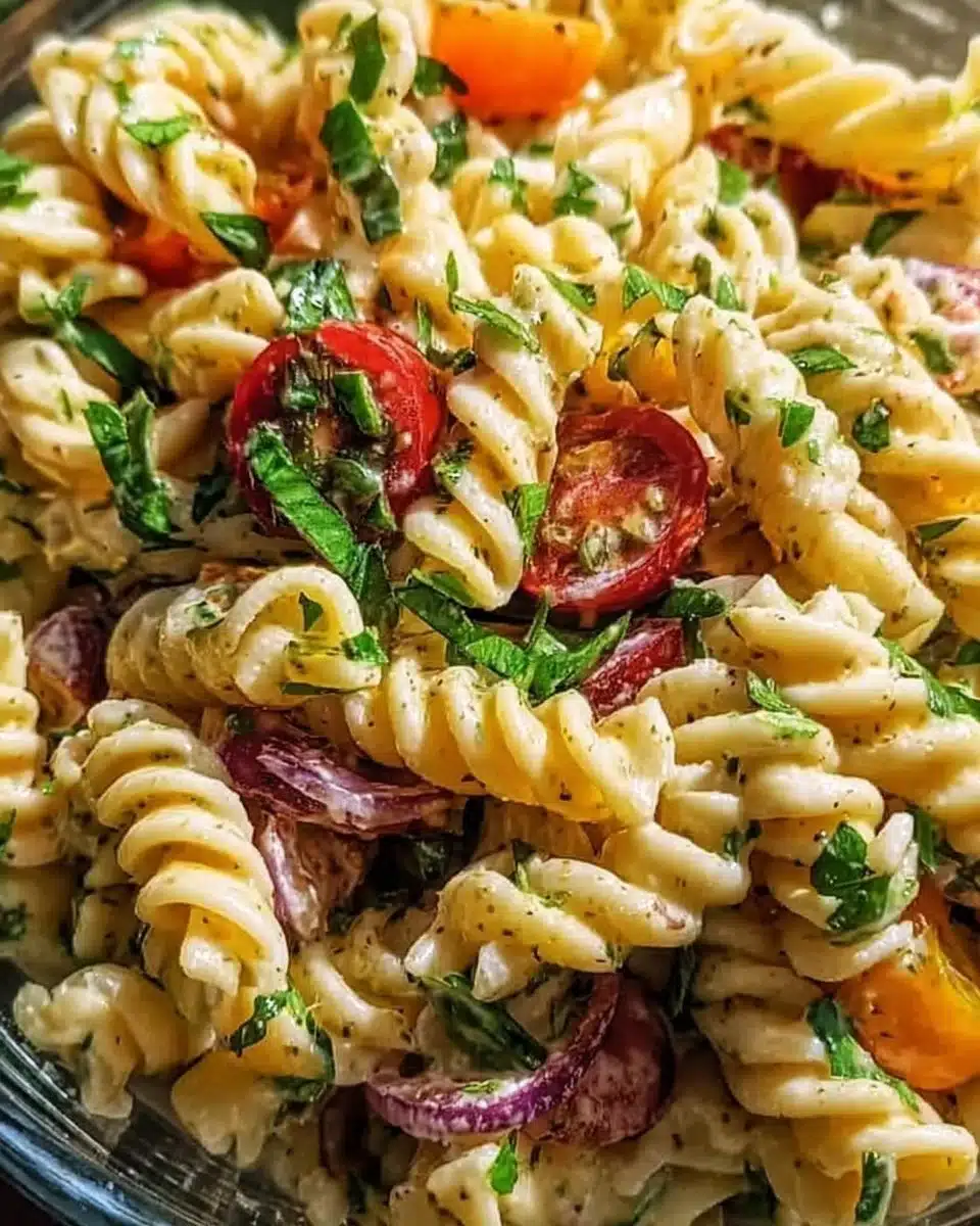 Delicious Crack Pasta Salad with fresh vegetables and dressing