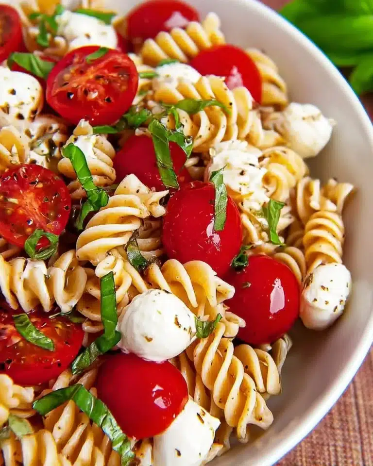 Creamy Caprese Pasta Salad with fresh basil and cherry tomatoes