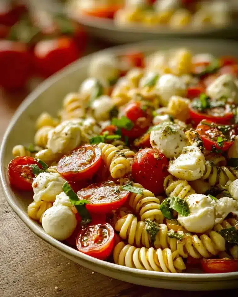 Creamy Caprese pasta salad with tomatoes, mozzarella, and basil
