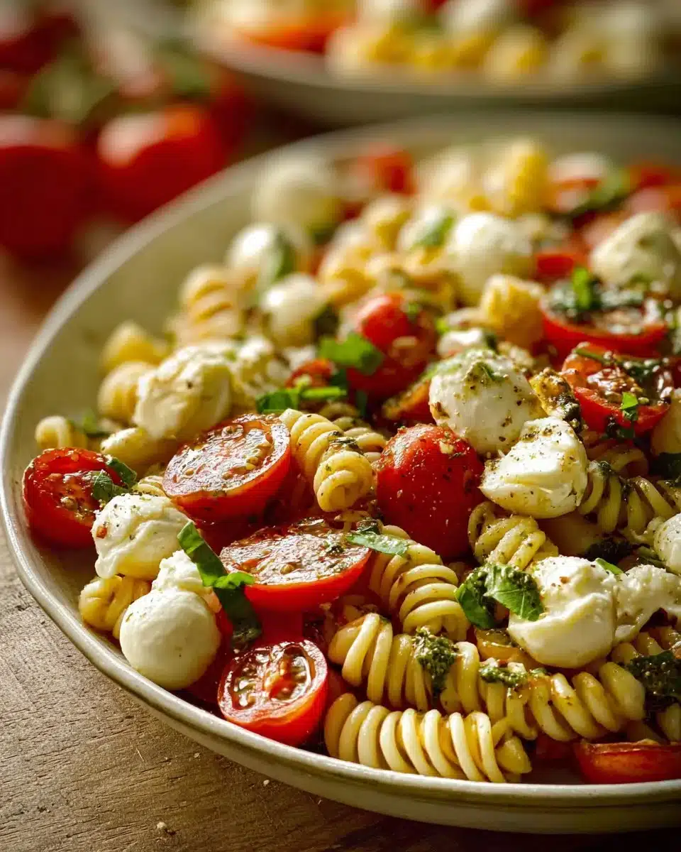 Creamy Caprese pasta salad with tomatoes, mozzarella, and basil