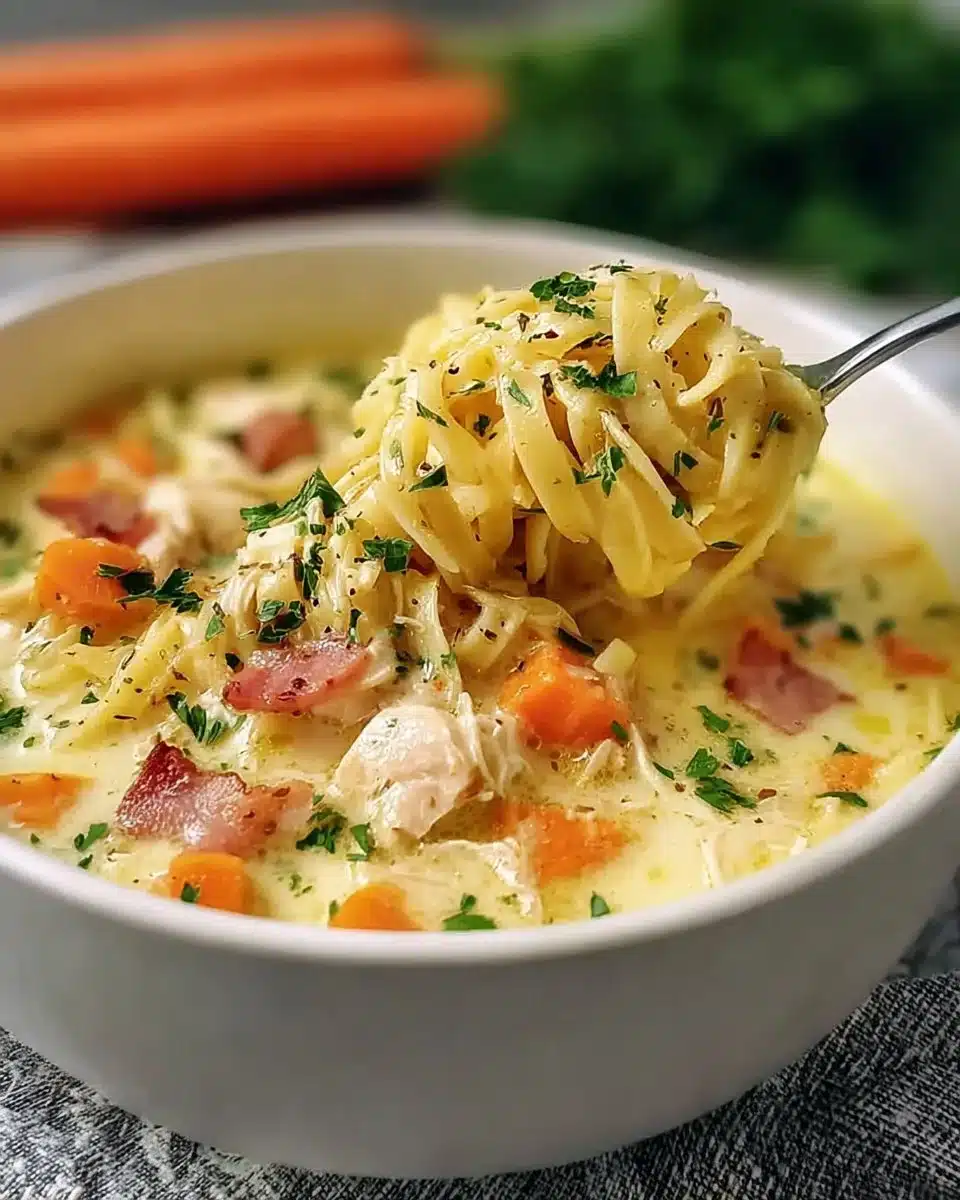 Creamy crack chicken noodle soup in a bowl with herbs and noodles
