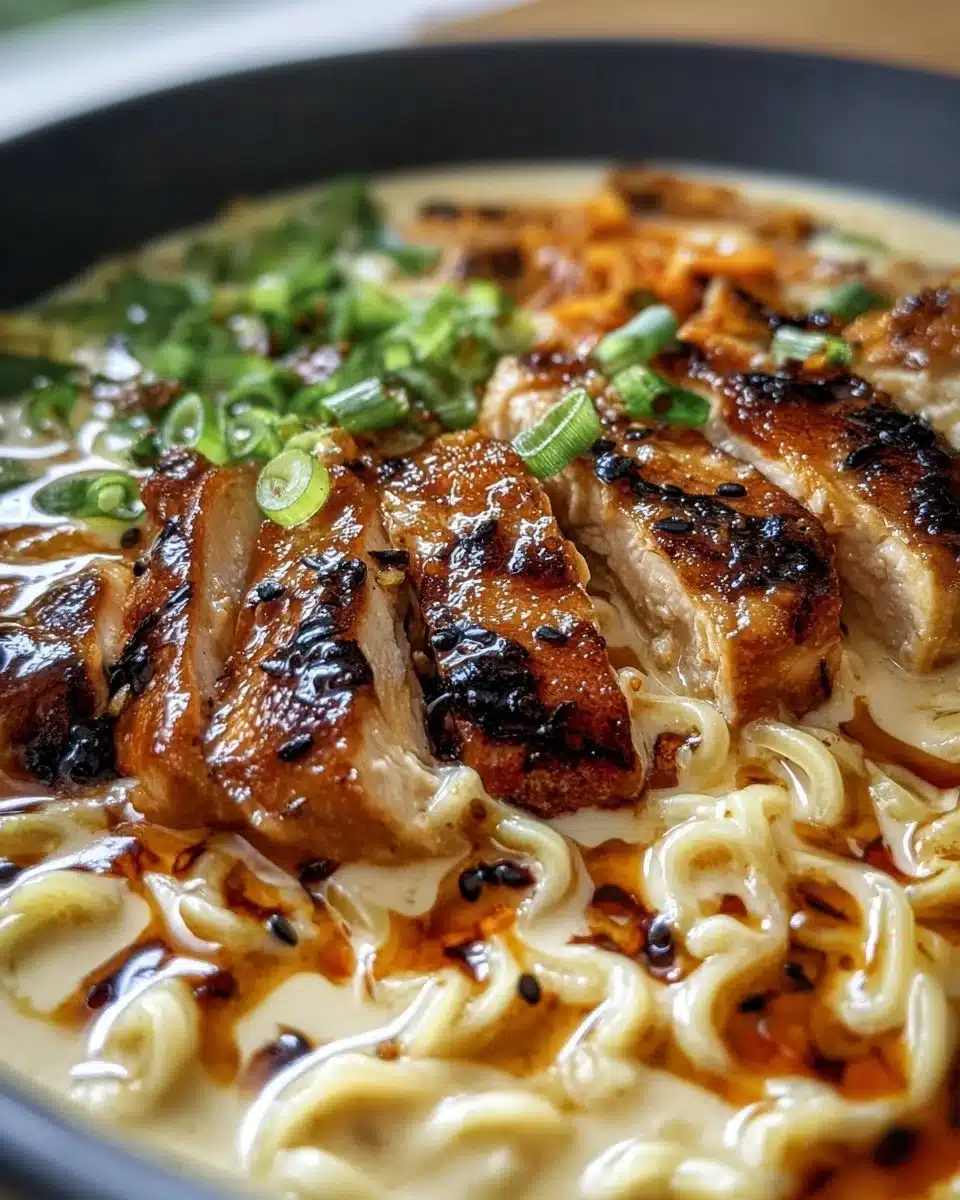 Creamy garlic chicken ramen with rich broth and tender chicken in a bowl