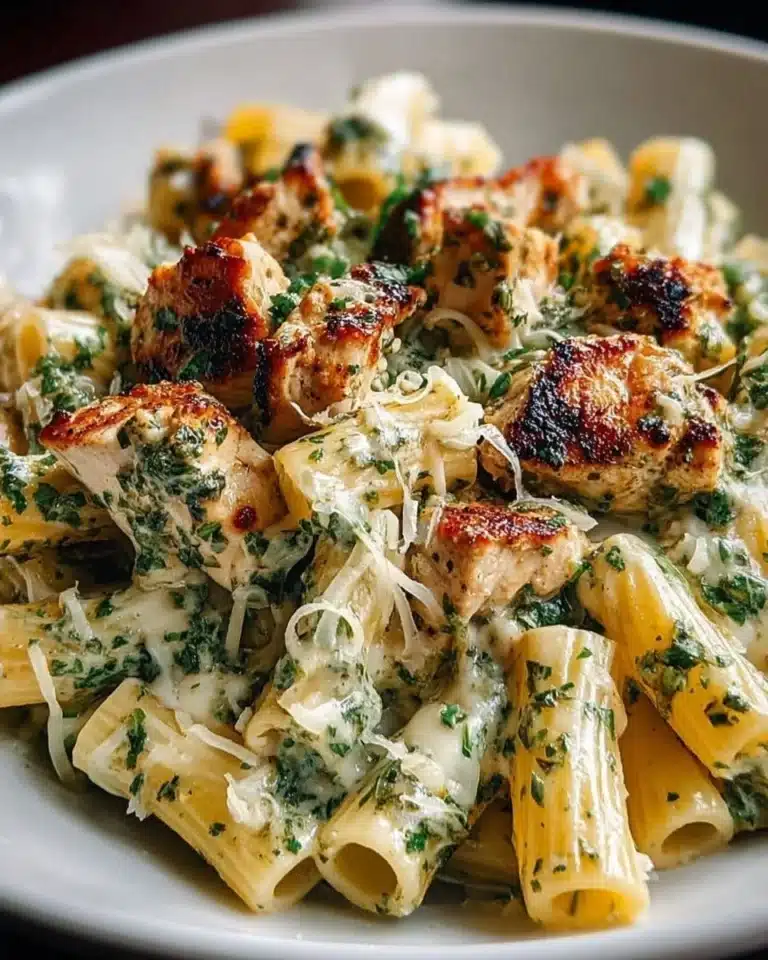 Plate of creamy pesto chicken pasta with fresh basil and parmesan cheese