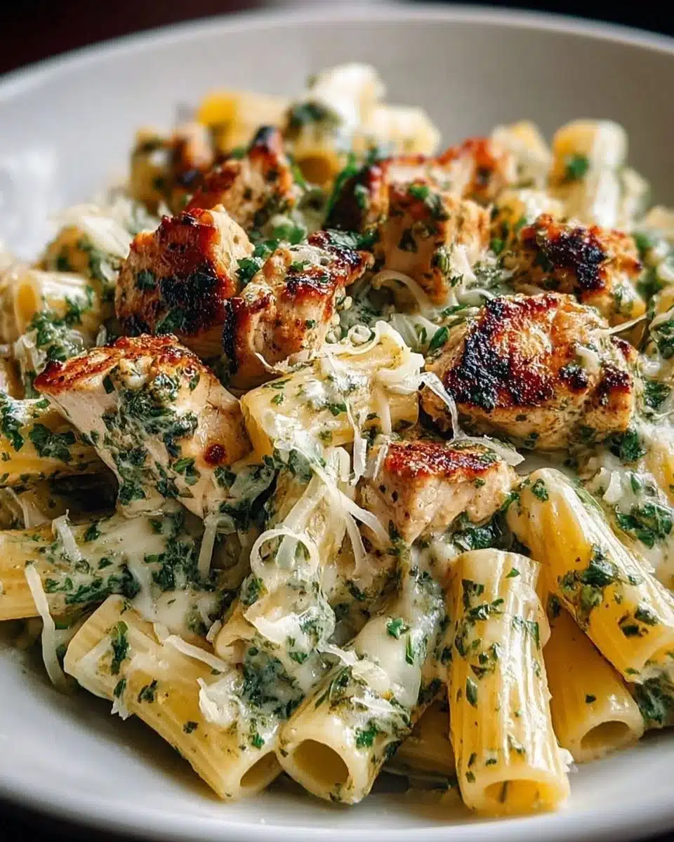 Plate of creamy pesto chicken pasta with fresh basil and parmesan cheese