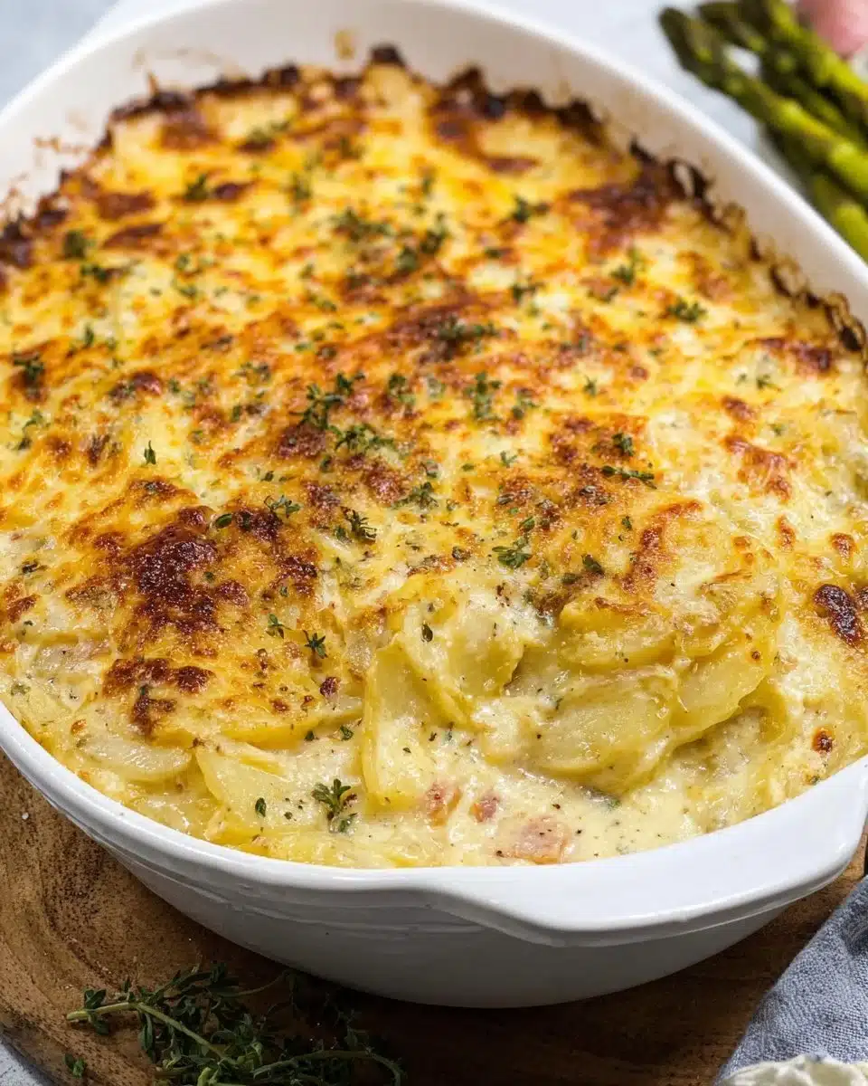 Creamy potato casserole topped with cheese and herbs in a baking dish.