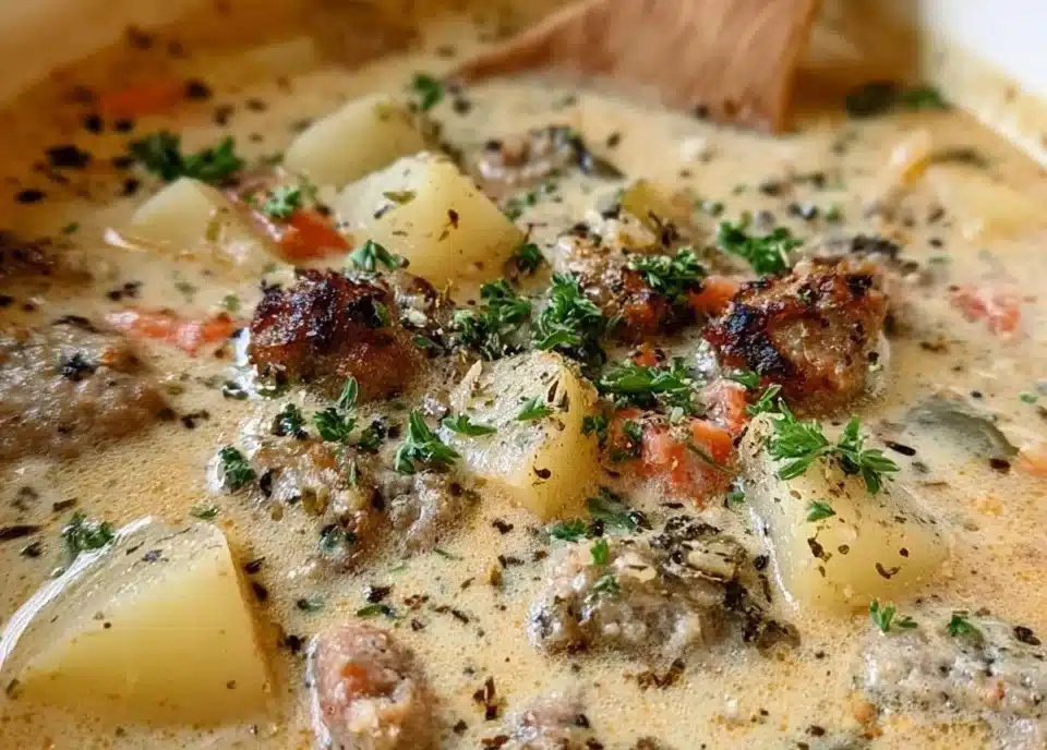 Bowl of creamy potato sausage chowder garnished with fresh herbs