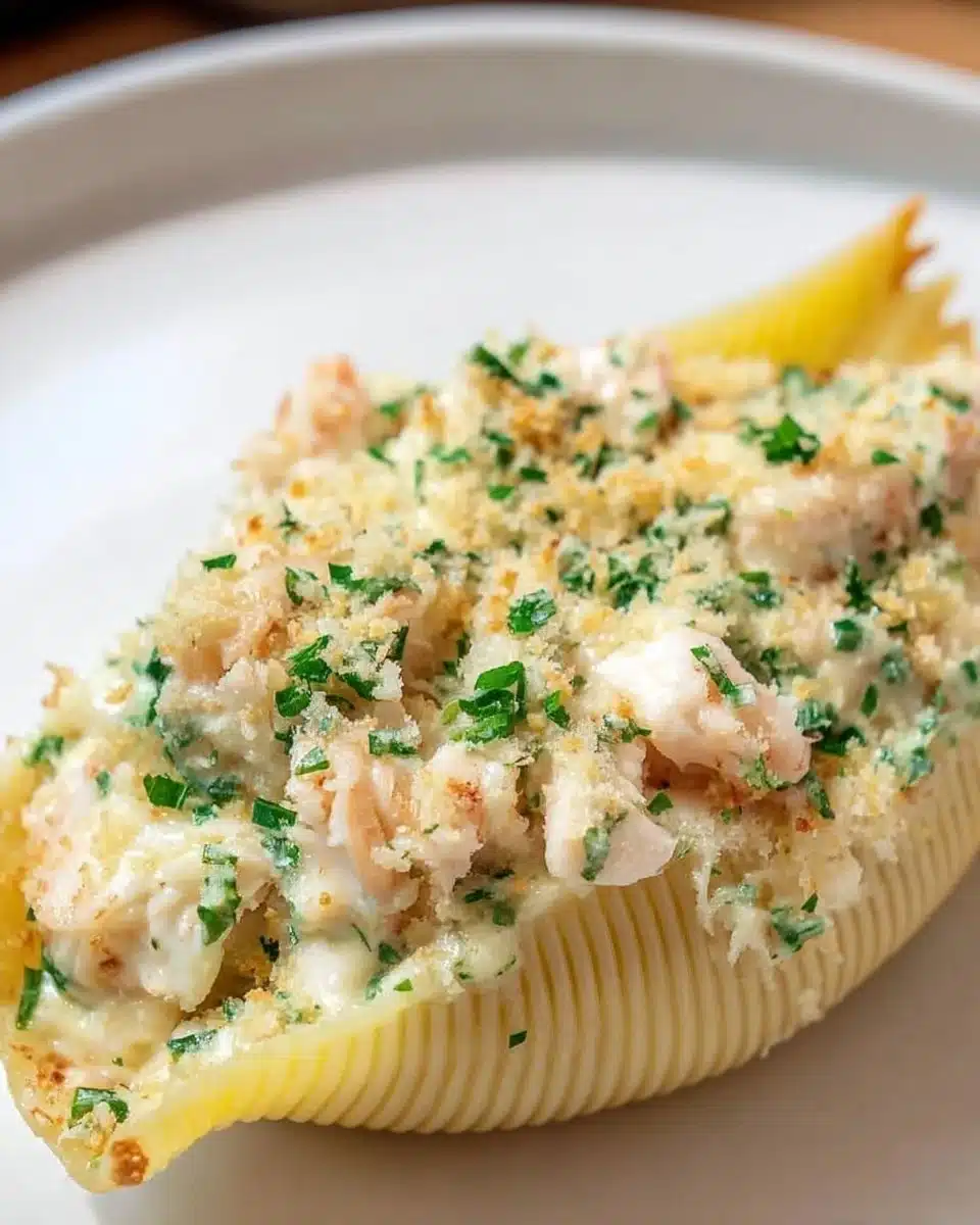 Creamy seafood stuffed shells baked to perfection