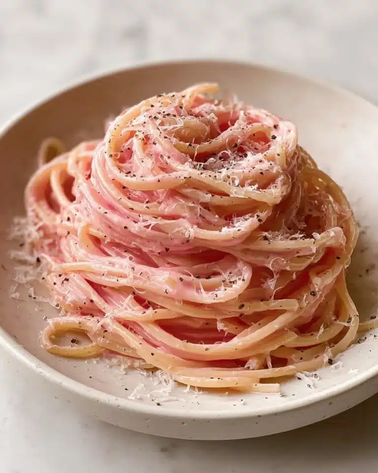 Creamy vegan pink pasta topped with fresh herbs in a bowl