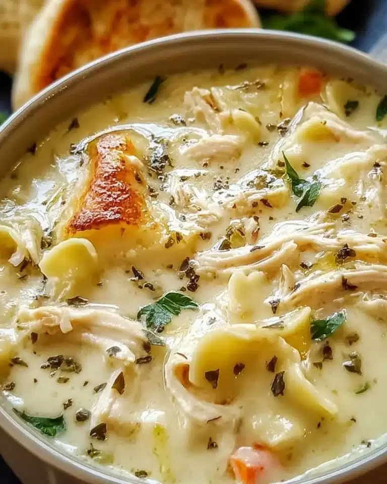 Creamy White Lasagna Soup served in a bowl with herbs and cheese on top