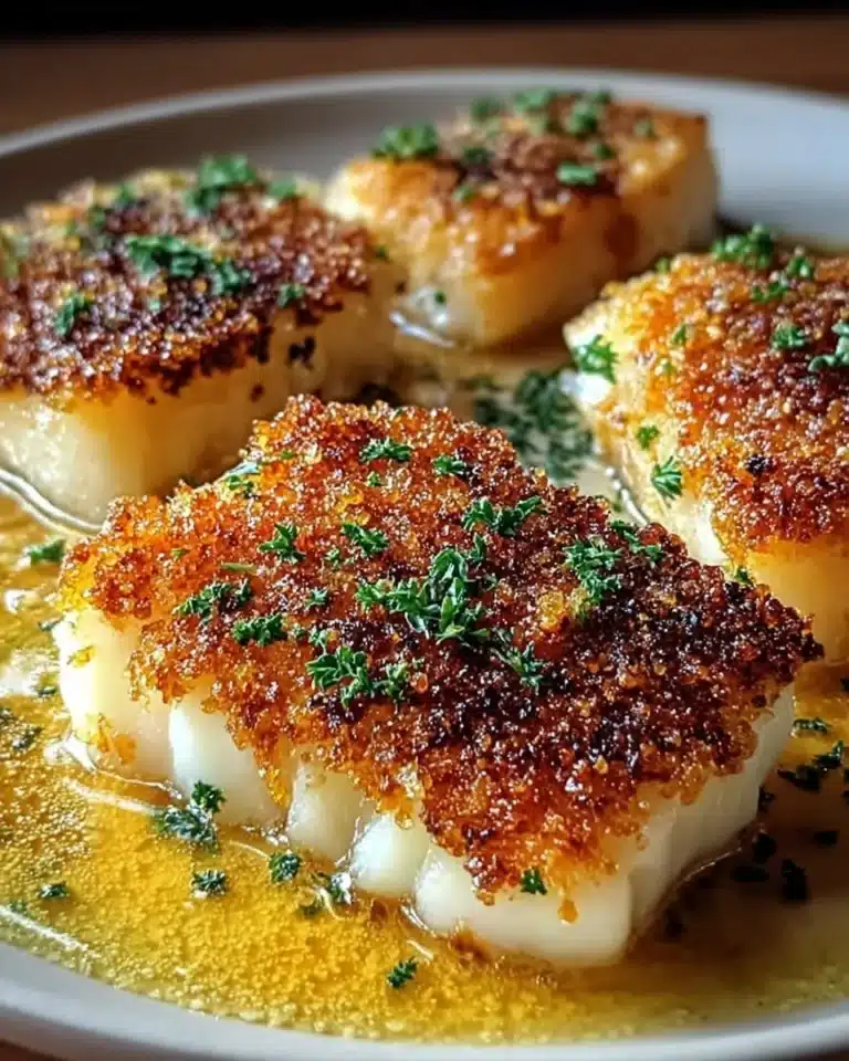 Crispy baked cod served with lemon and herbs on a plate.