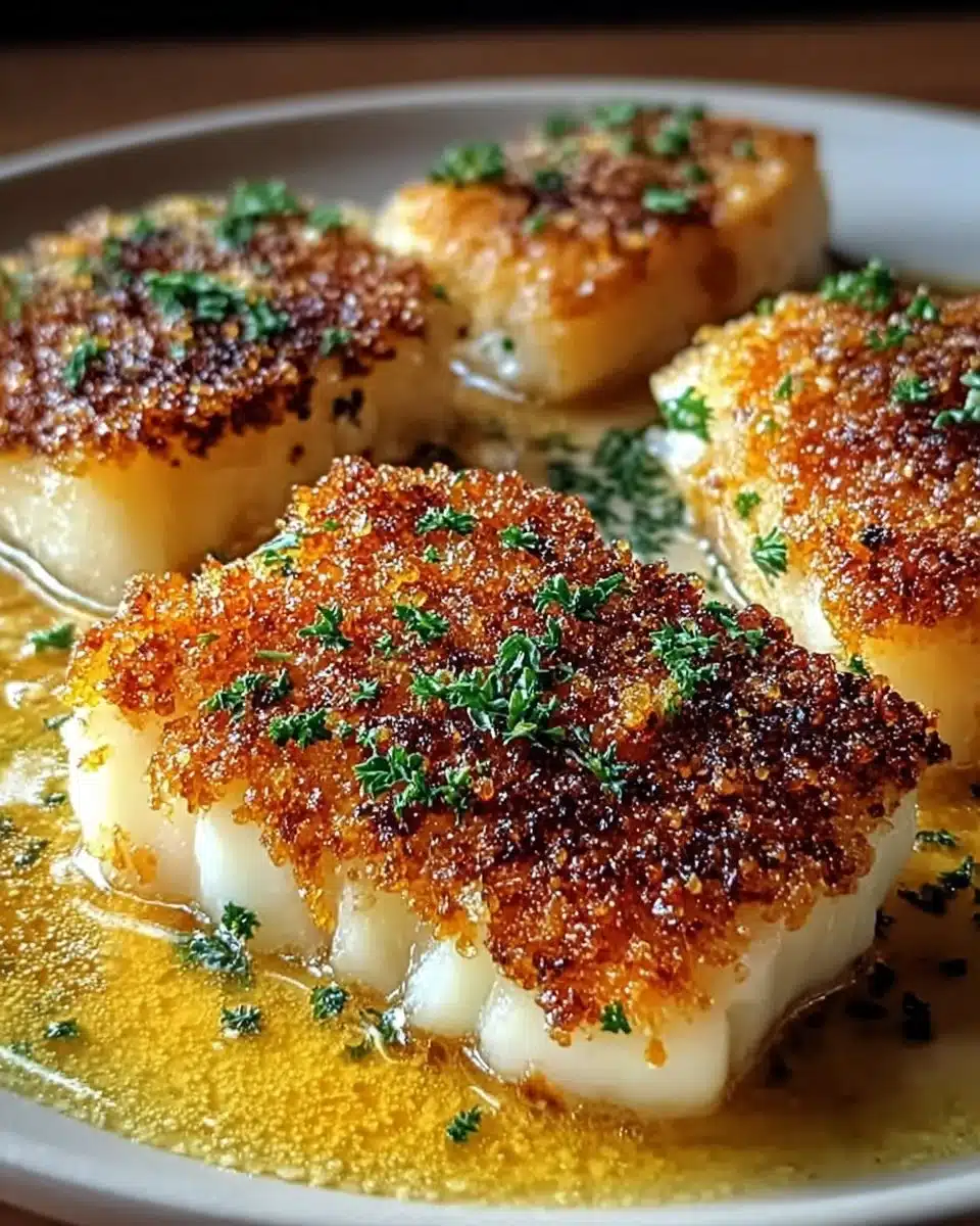 Crispy baked cod served with lemon and herbs on a plate.