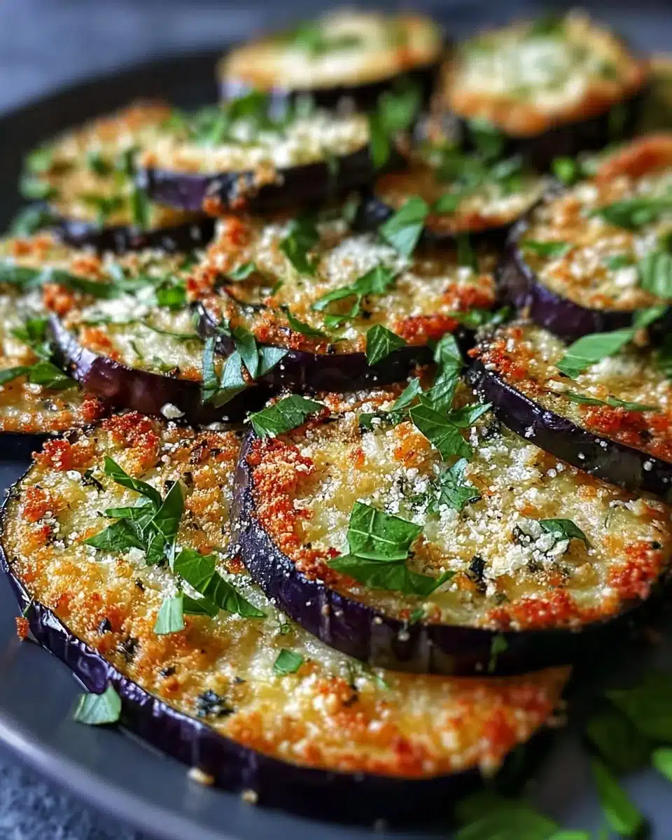 Crispy baked eggplant slices served on a plate garnished with herbs