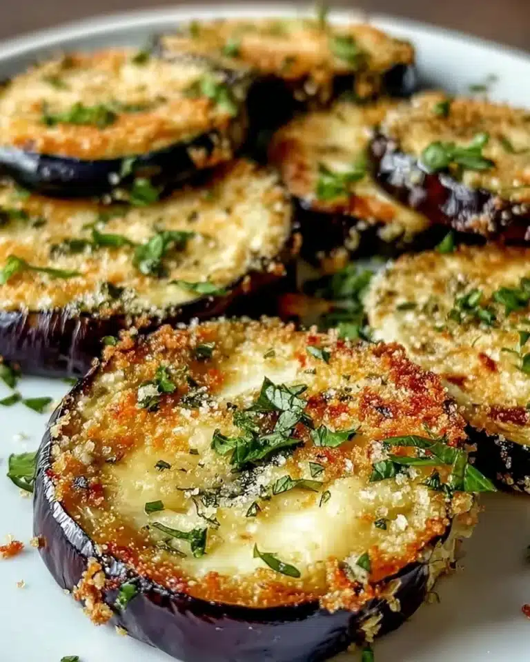 Crispy baked eggplant slices ready to serve on a plate.