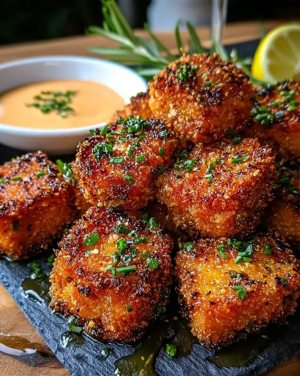 Crispy Bang Bang Salmon Bites served on a plate with dipping sauce.