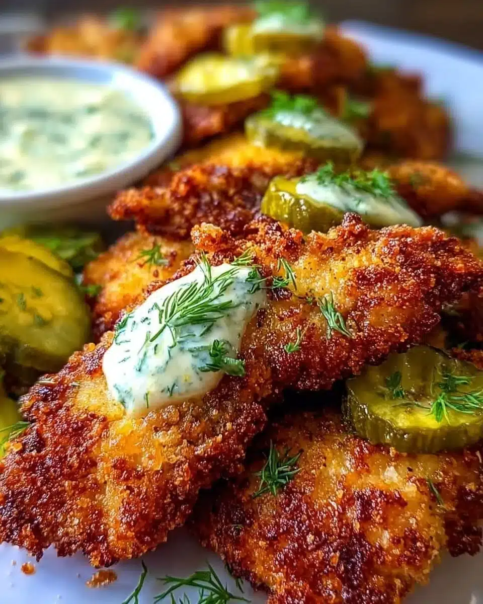 Crispy dill pickle parmesan chicken garnished with fresh herbs on a plate
