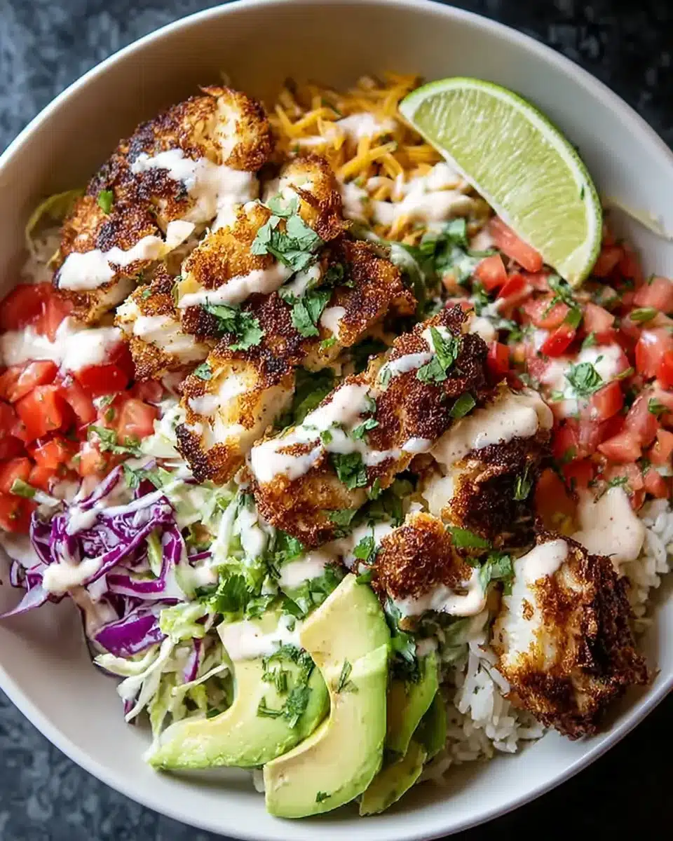 Delicious crispy fish taco bowls topped with fresh ingredients