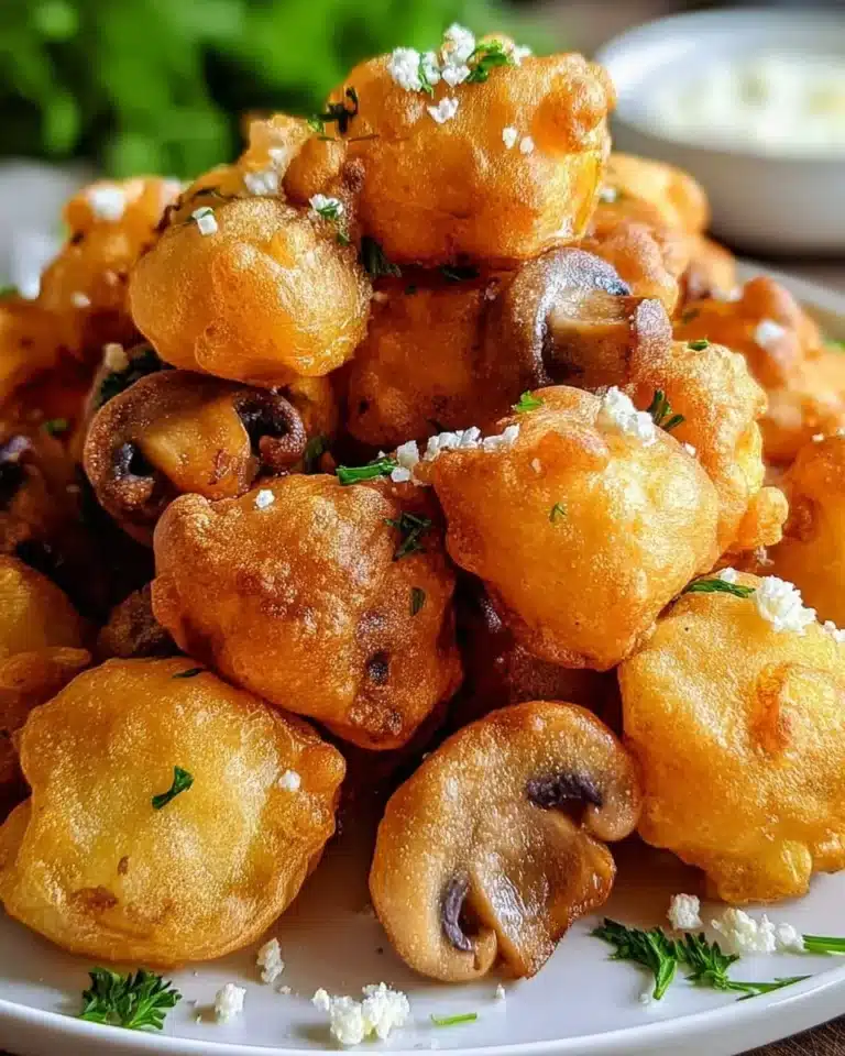 Plate of crispy fried mushrooms with a golden-brown coating