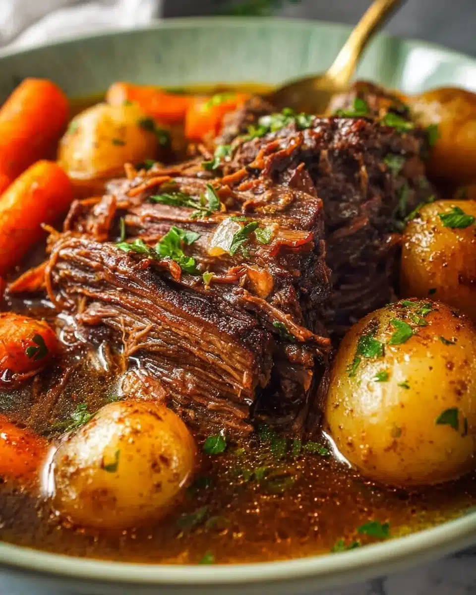 Delicious Crockpot Chuck Roast ready to be served with vegetables.