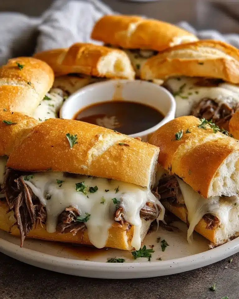 Crockpot French Dip Sandwiches served with savory au jus for dipping