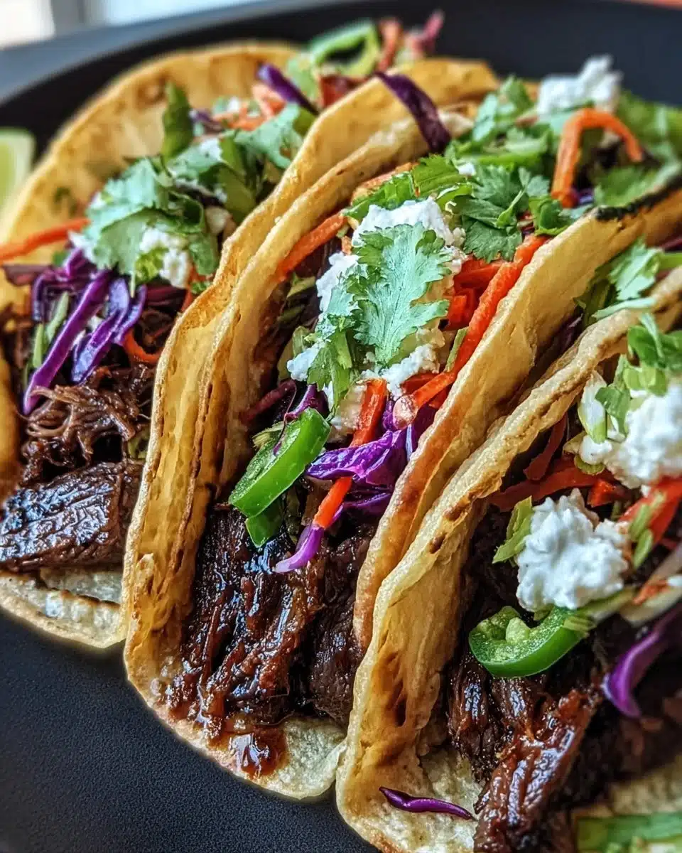 Crockpot Korean Beef Tacos served on a plate with toppings