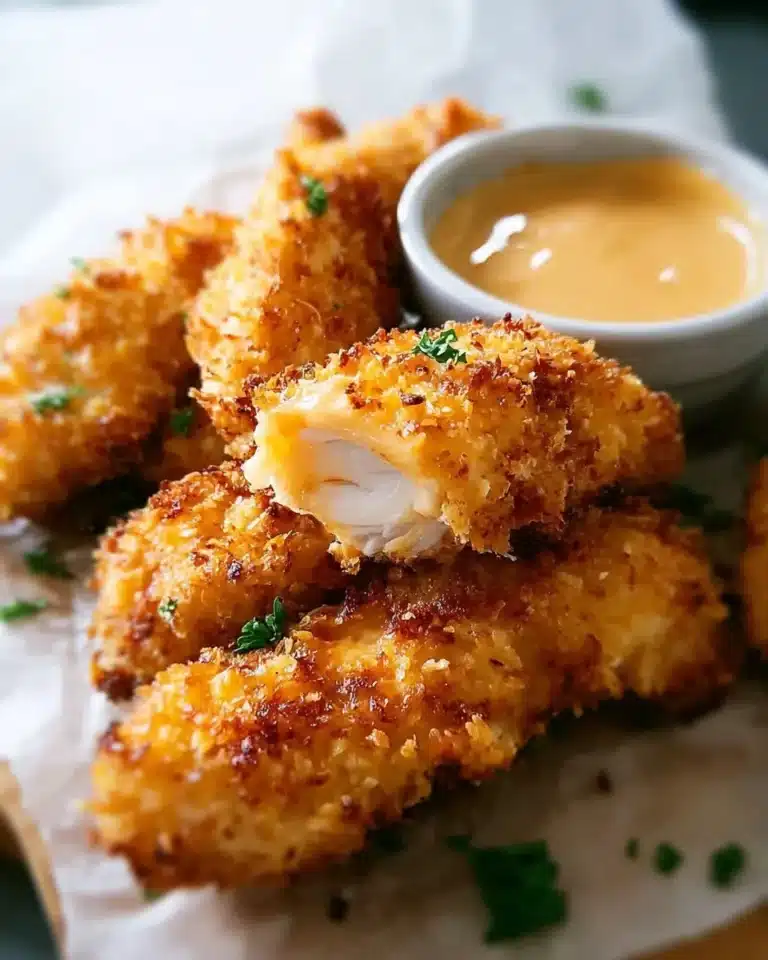 Crunchy Coconut Chicken served with dipping sauce and fresh herbs