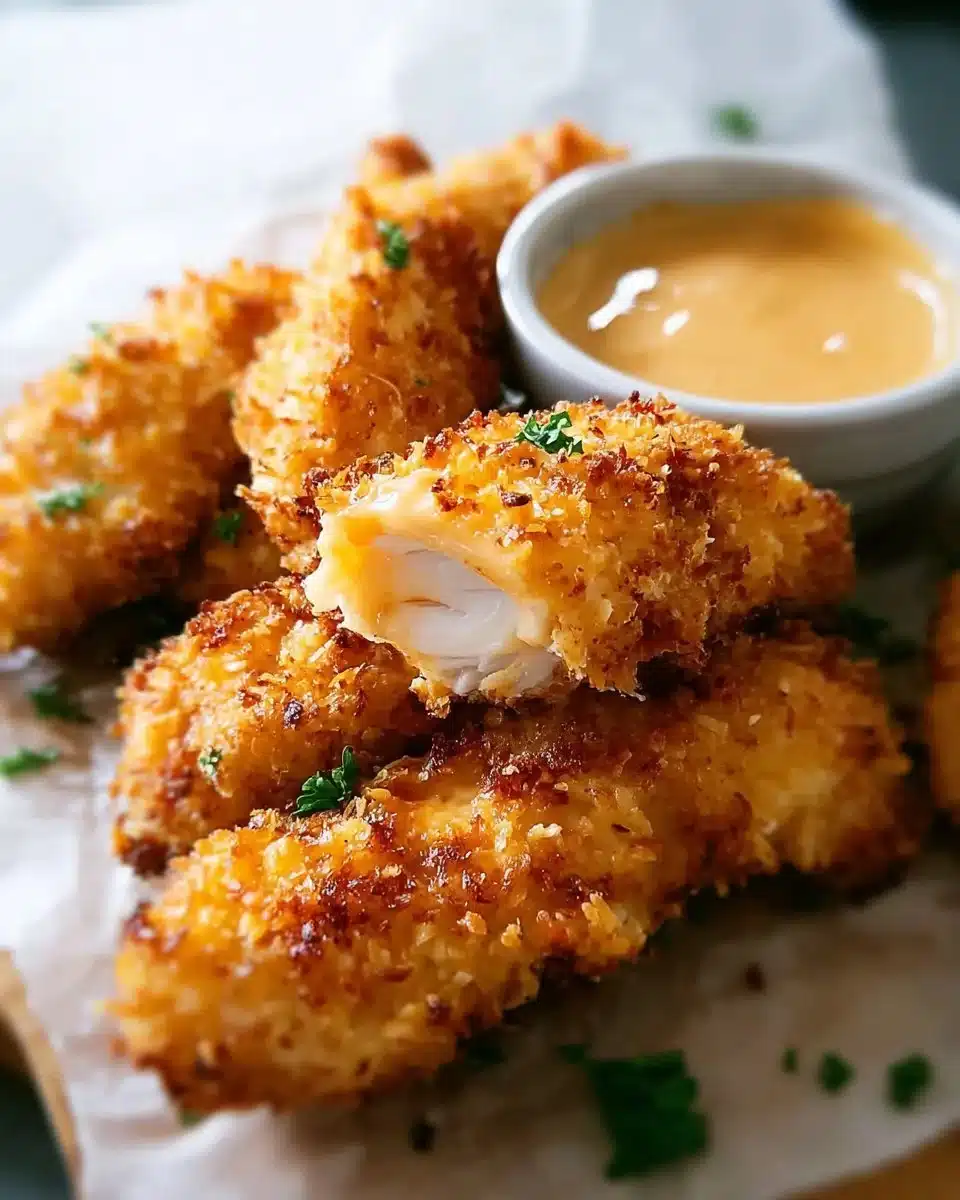 Crunchy Coconut Chicken served with dipping sauce and fresh herbs