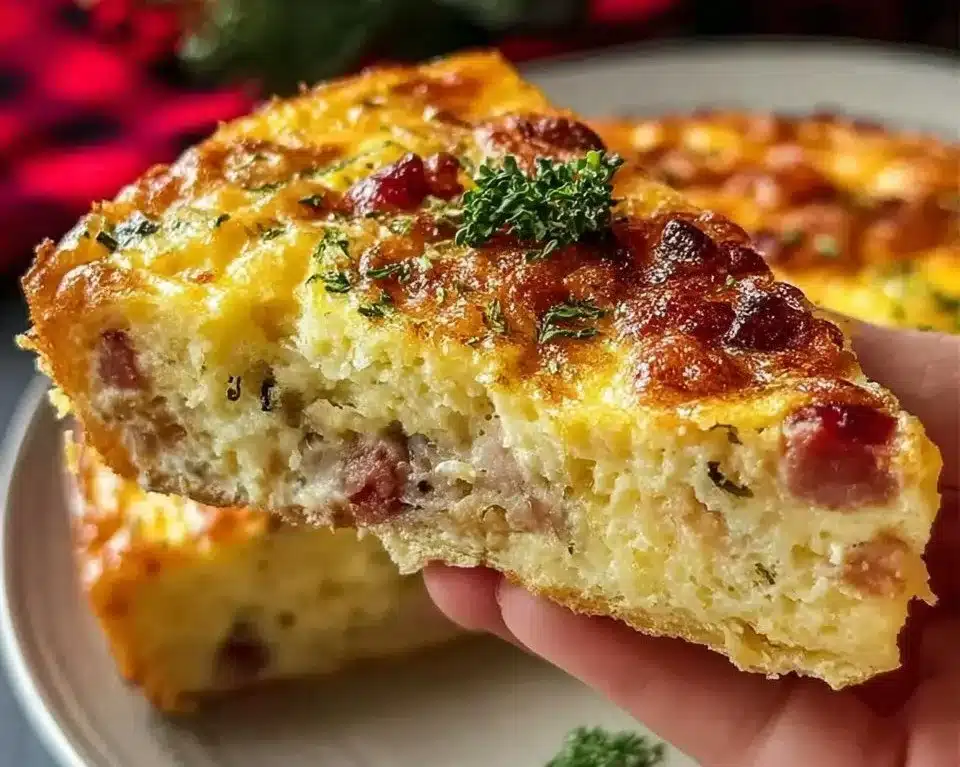 Delicious slice of crustless quiche with vegetables and cheese