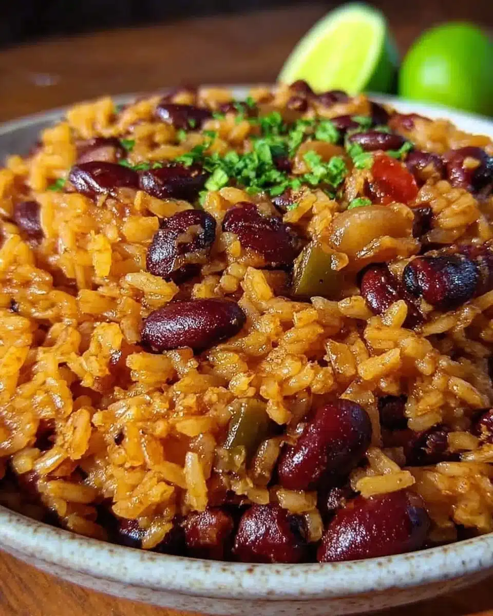 Bowl of Cuban Style Beans and Rice garnished with fresh herbs