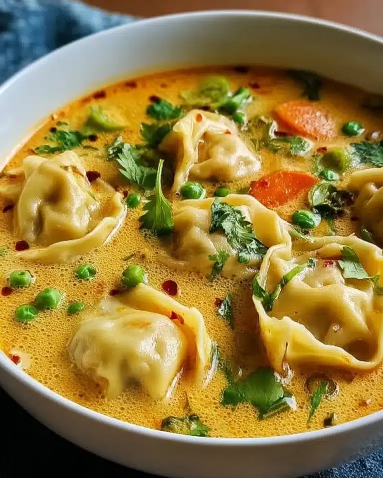 Bowl of curried coconut wonton soup with vibrant spices and cozy textures.