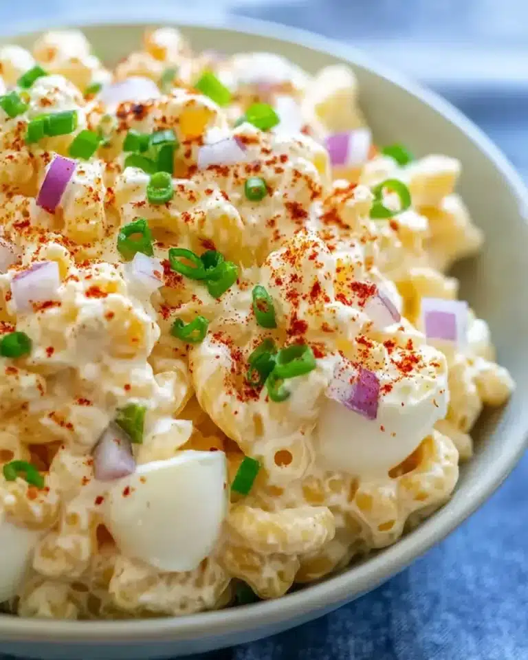A colorful bowl of deviled eggs pasta salad with vibrant vegetables and creamy dressing.