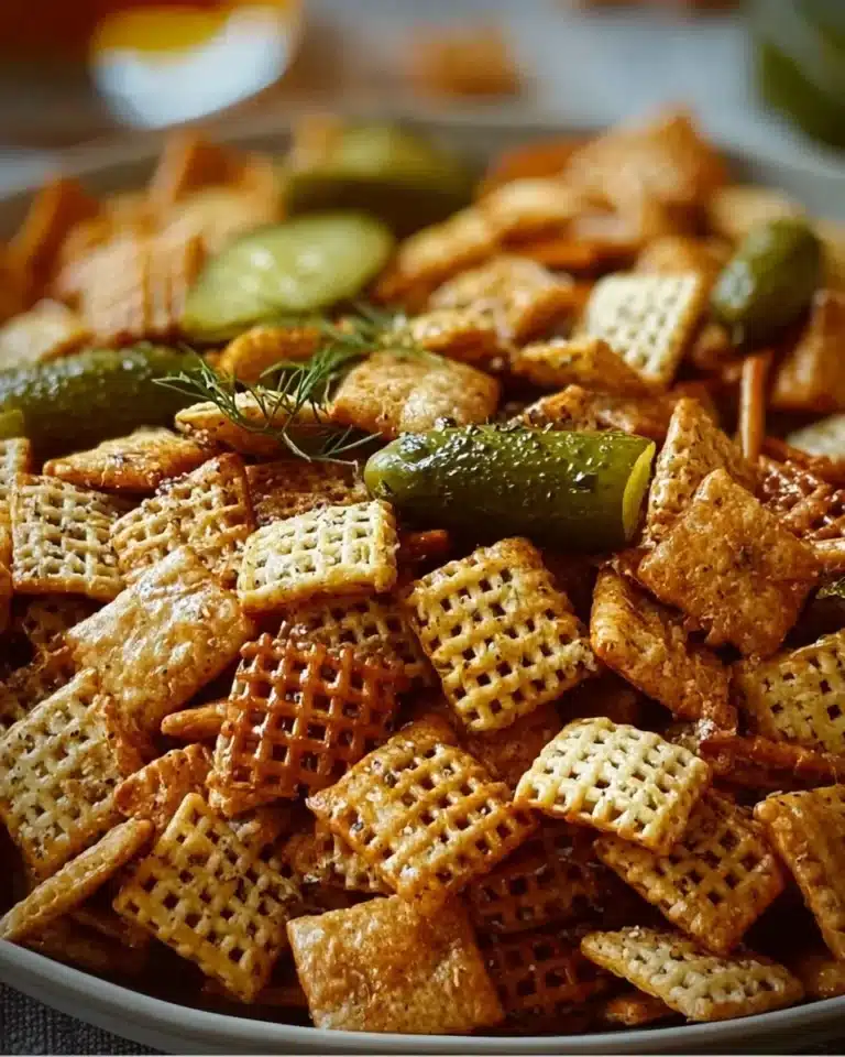 Delicious Dill Pickle Chex Mix in a bowl, perfect for snacking.