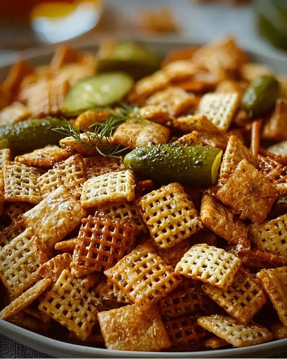 Delicious Dill Pickle Chex Mix in a bowl, perfect for snacking.