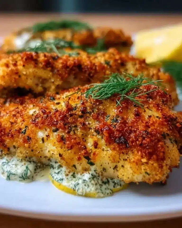 Dill Pickle Parmesan Chicken serving on a plate with garnished herbs