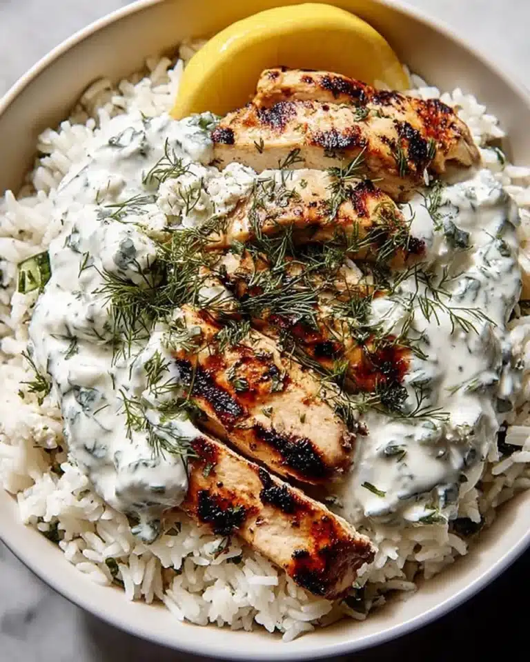 Baked chicken with tzatziki sauce served over rice for an easy dinner dish