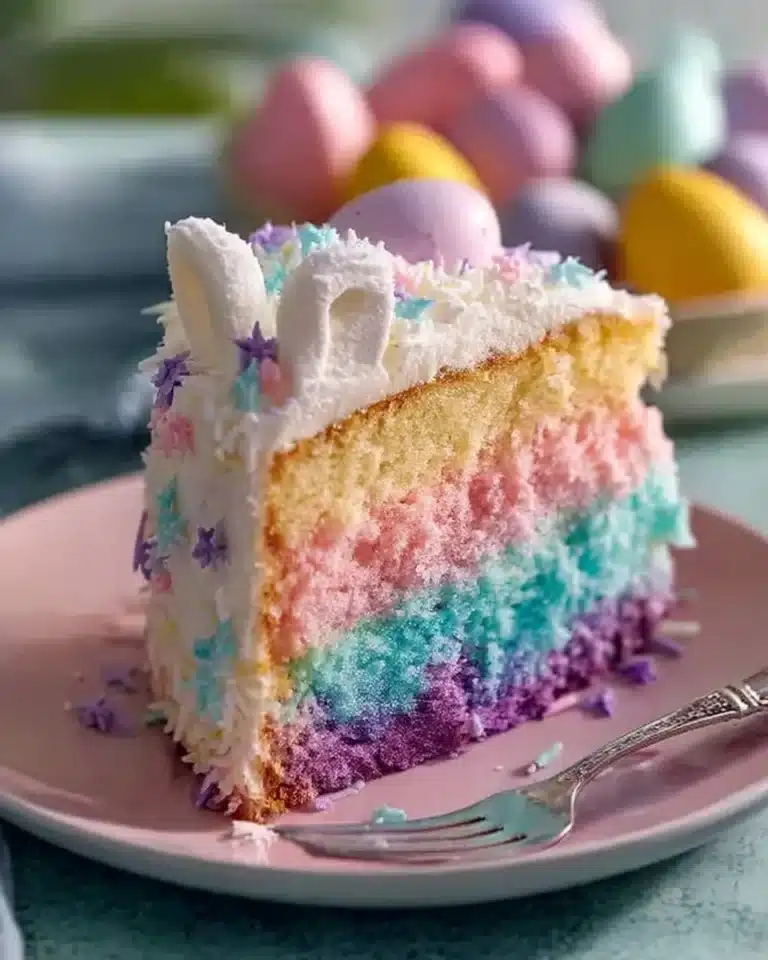 Delicious Easter Bunny Cake decorated with colorful icing and chocolate.