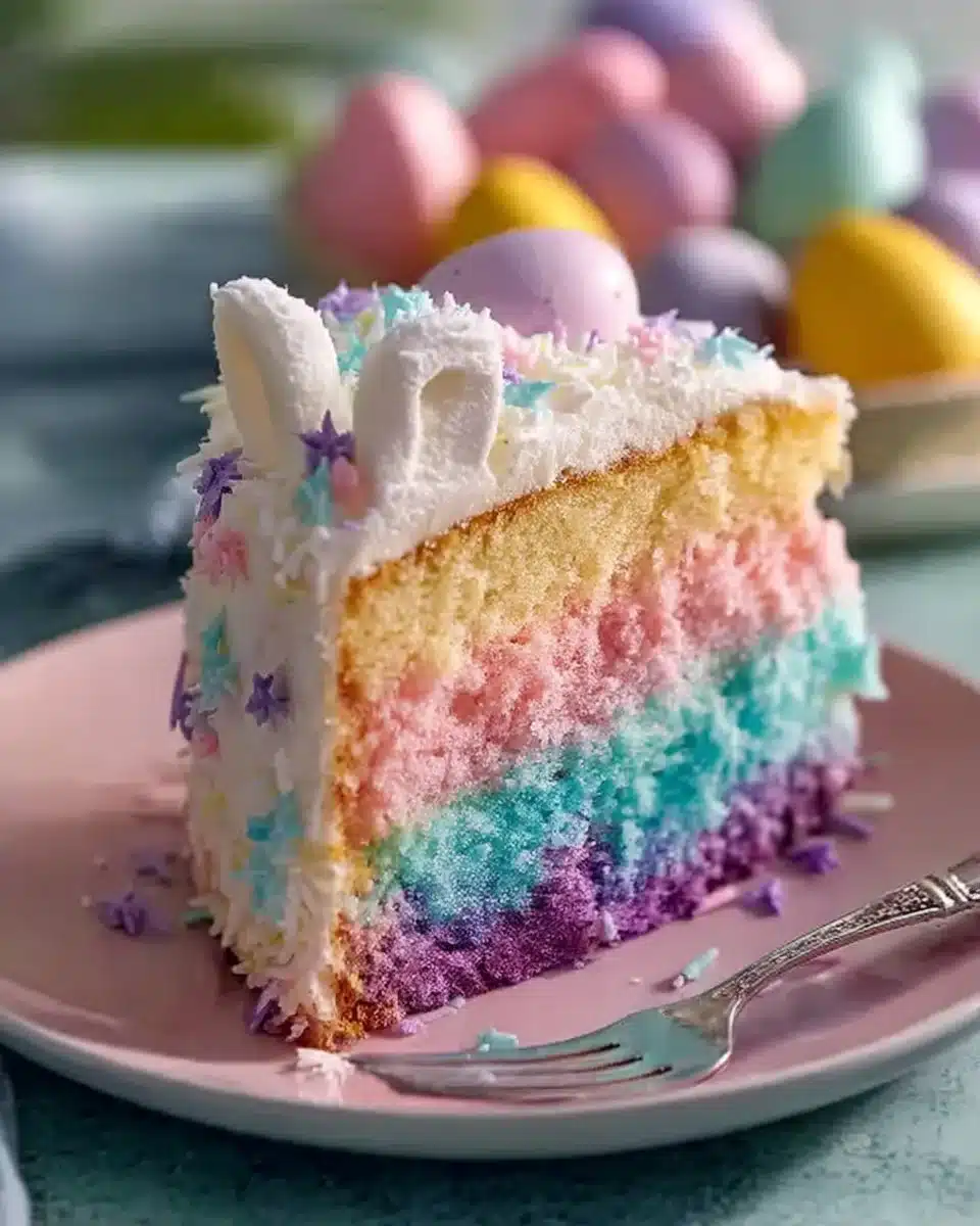 Delicious Easter Bunny Cake decorated with colorful icing and chocolate.