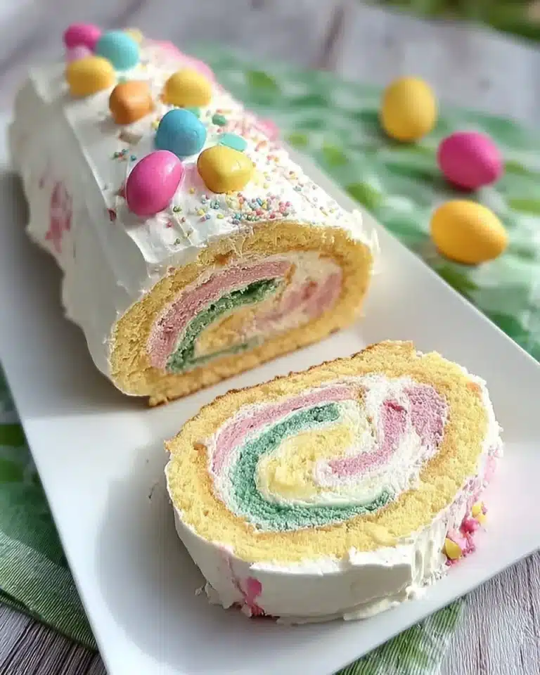 Colorful Easter Cake Roll decorated with spring-themed toppings