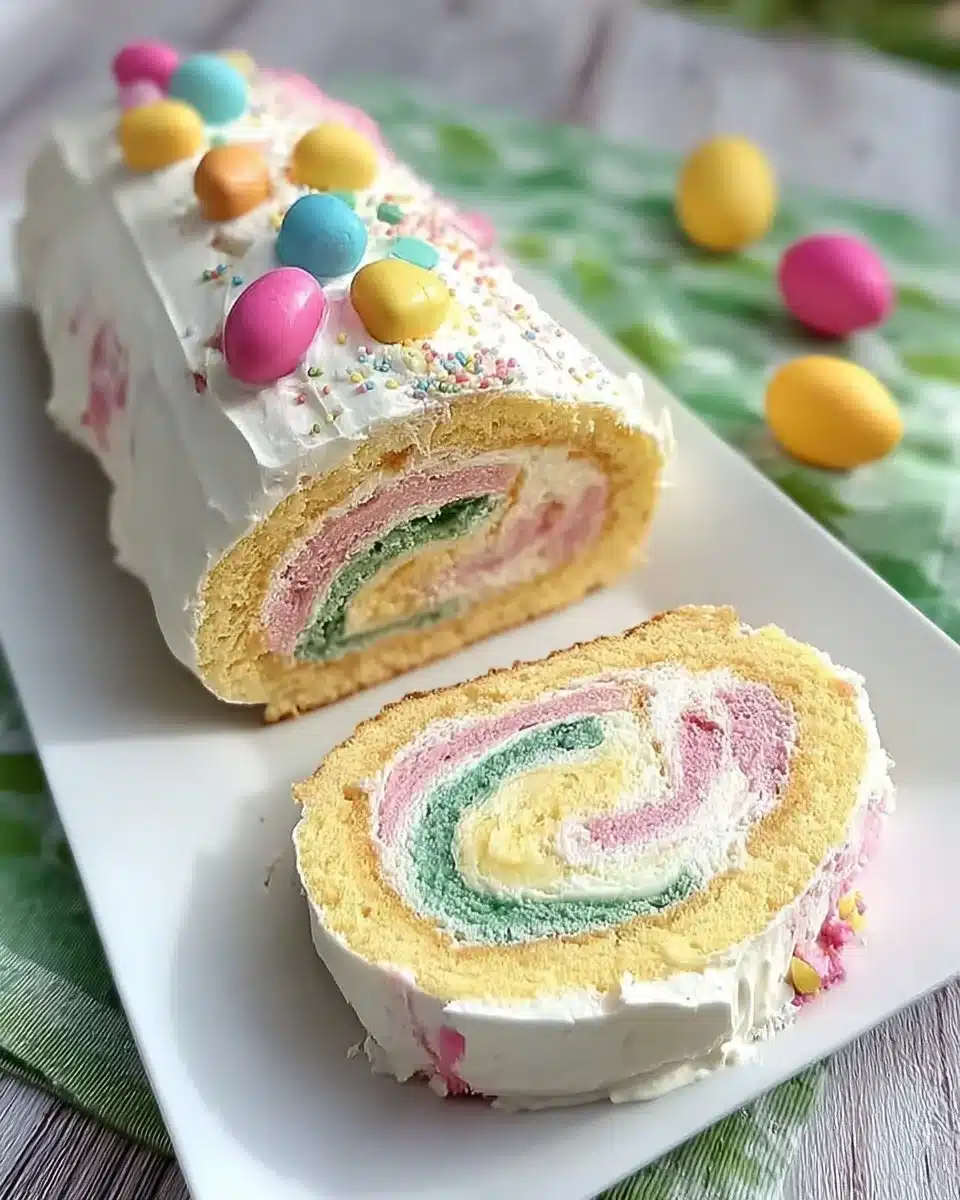 Colorful Easter Cake Roll decorated with spring-themed toppings