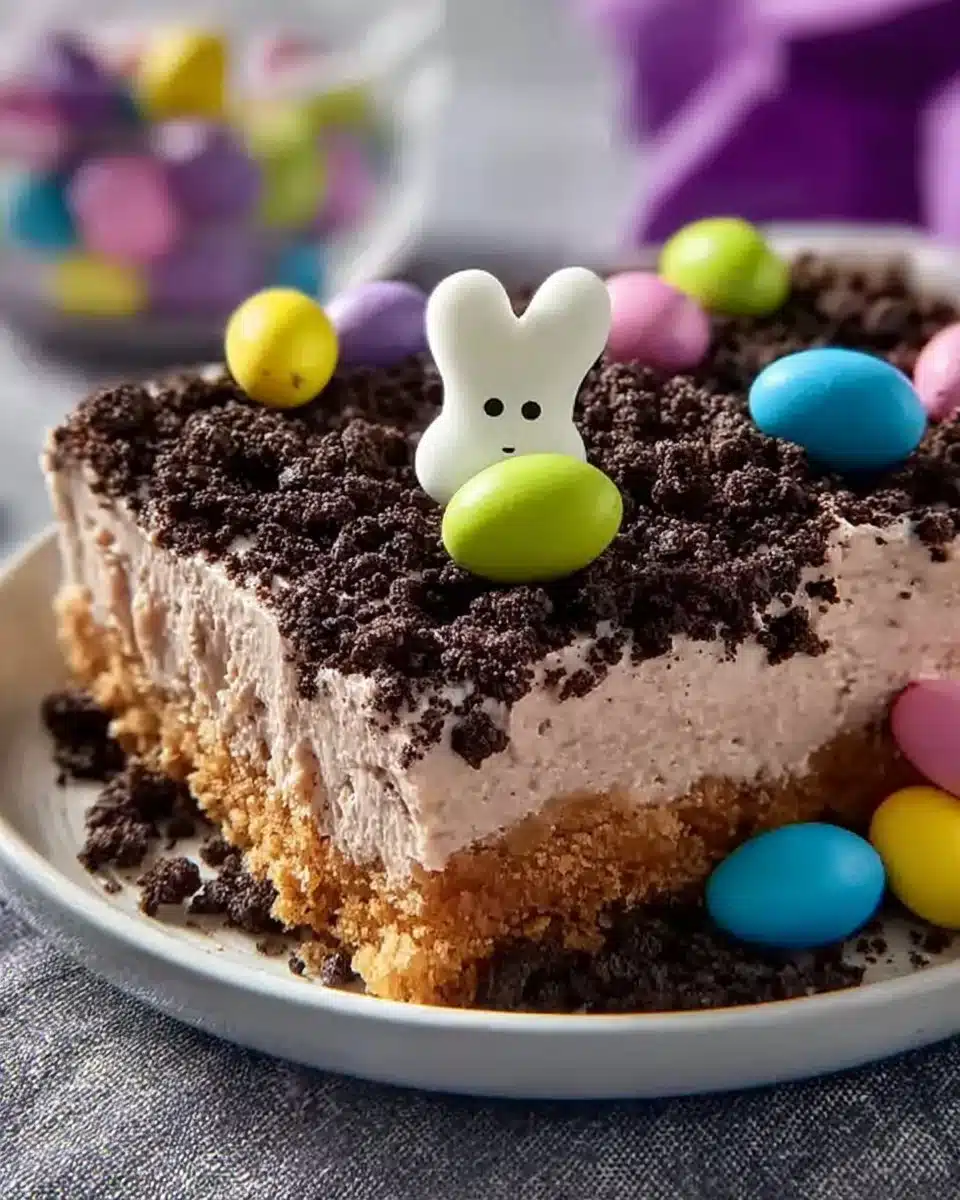 Easter Dirt Cake Casserole topped with gummy worms and chocolate crumbles