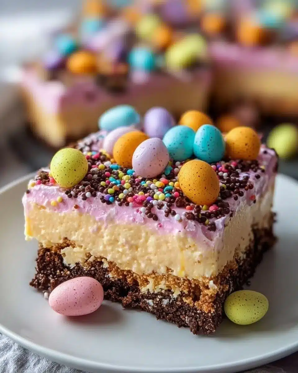 Delicious Easter Dirt Cake Casserole topped with gummy worms and crushed cookies.