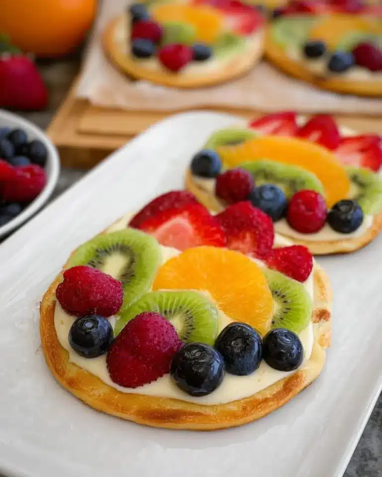 Easter Egg Fruit Pizzas decorated with colorful fruits and cream cheese frosting