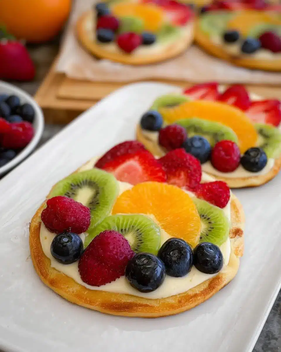Easter Egg Fruit Pizzas decorated with colorful fruits and cream cheese frosting