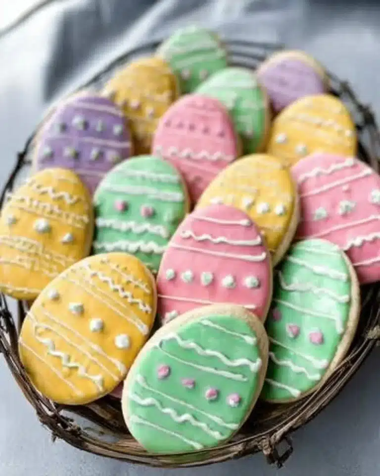 Festively decorated Easter Egg sugar cookies in vibrant colors