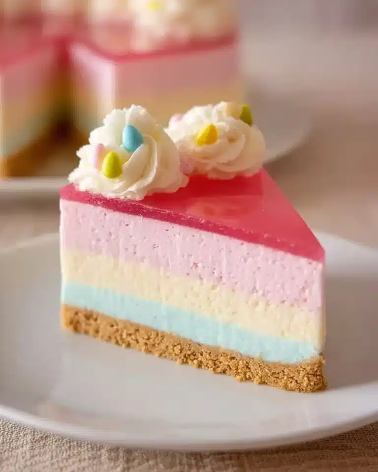 Colorful slice of Easter JELLO Cheesecake garnished with spring decorations