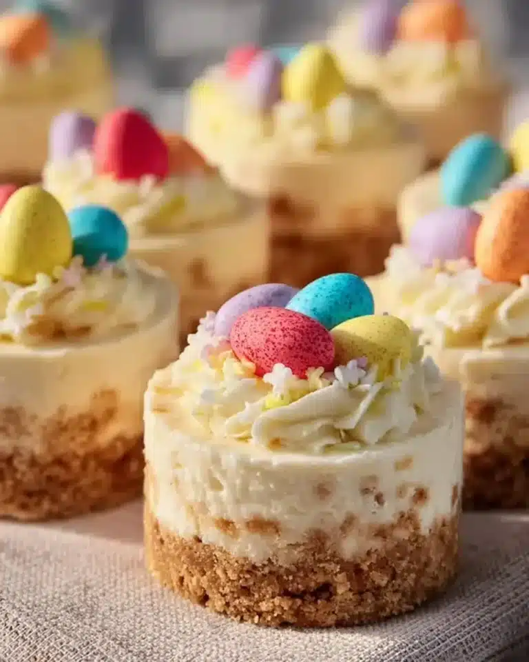 Easter themed no bake mini cheesecakes with colorful toppings