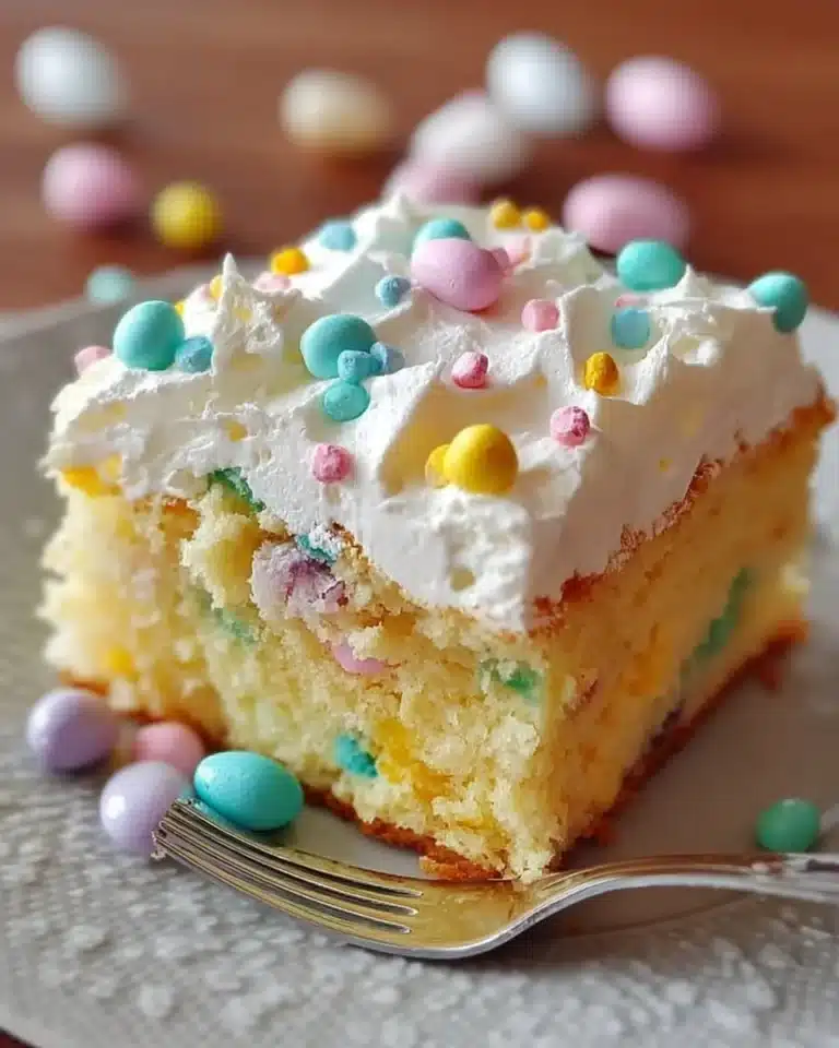 Colorful Easter Poke Cake topped with pastel frosting and festive decorations.