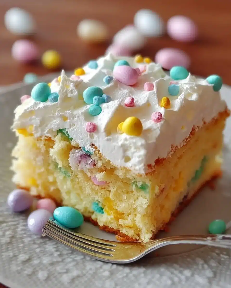 Colorful Easter Poke Cake topped with pastel frosting and festive decorations.