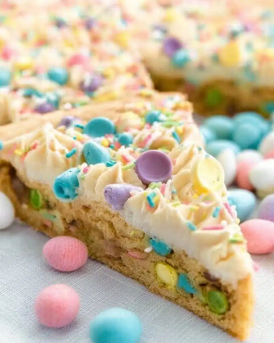 Easter Sugar Cookie Cake decorated with colorful icing and sprinkles.